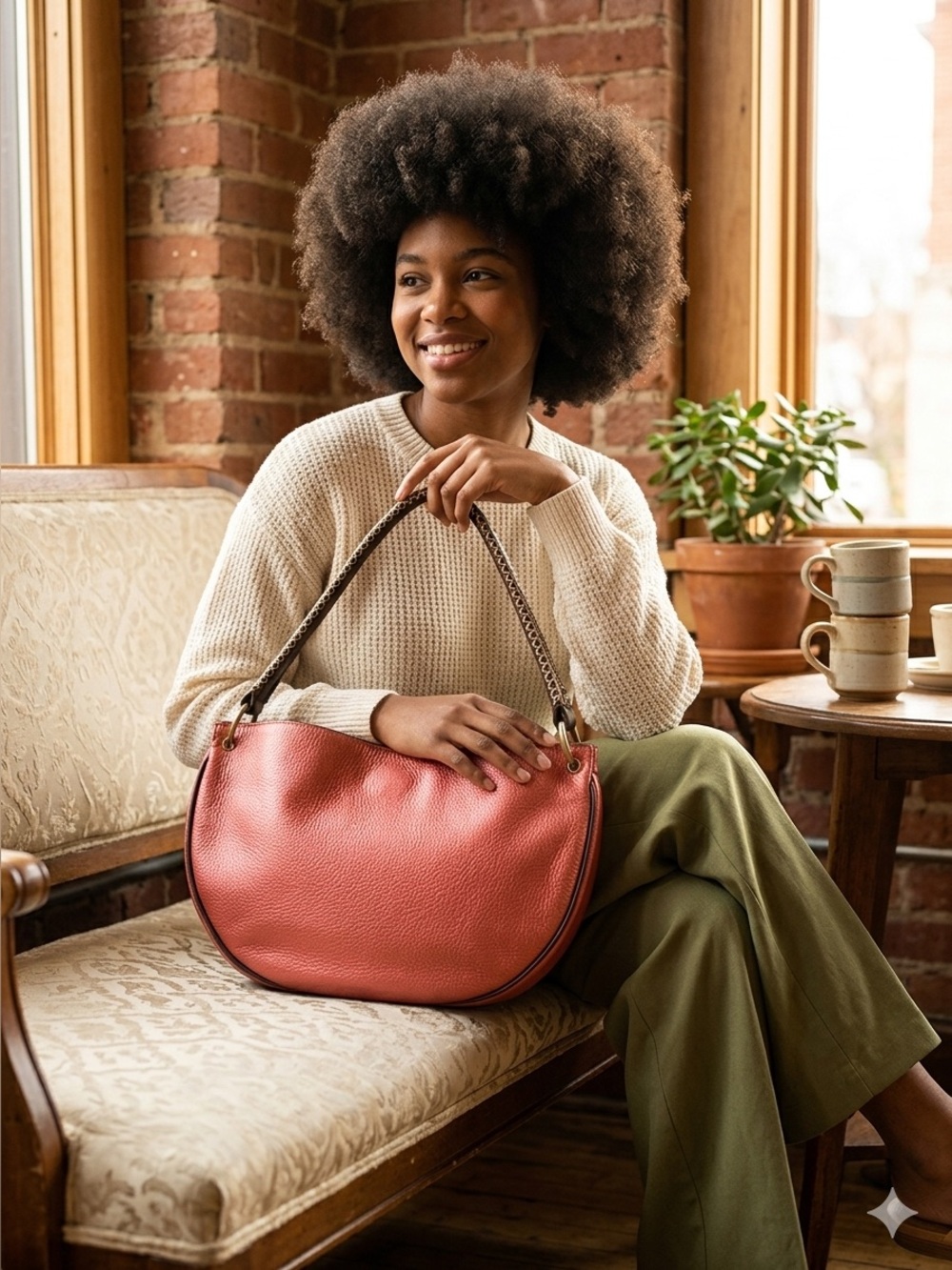 Carolina Herrera Coral Color Pebbled Leather Purse